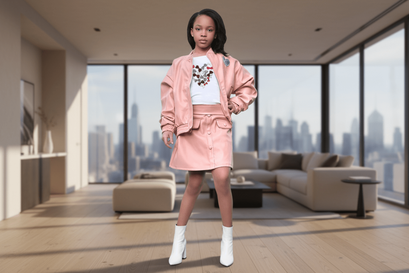 Girl's Heart Sequin Top with Pleather Skirt & Jacket Set - ADAEZE'S BOUTIQUEKids ClothingADAEZE'S BOUTIQUE26556860Young girl in a pink outfit standing in a modern living room with cityscape viewYoung girl in a pink outfit standing in a modern living room with cityscape viewwhite