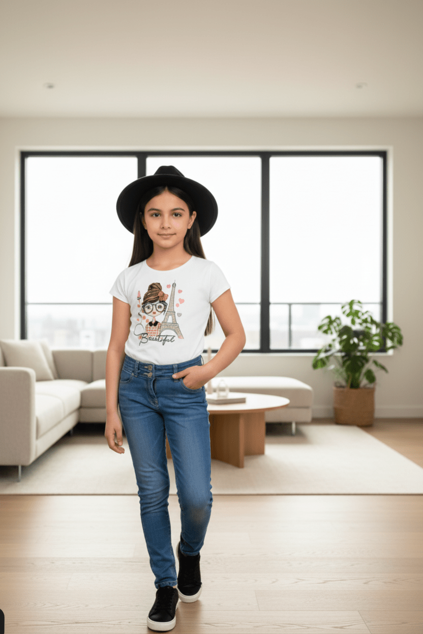 Girl's Paris Eiffel Tower Printed Tee - Beautiful Screen Print - ADAEZE'S BOUTIQUEKids ClothingADAEZE'S BOUTIQUE56003260Young girl in a pink shirt and jeans standing in a modern living room.Young girl in a pink shirt and jeans standing in a modern living room.5TWhite