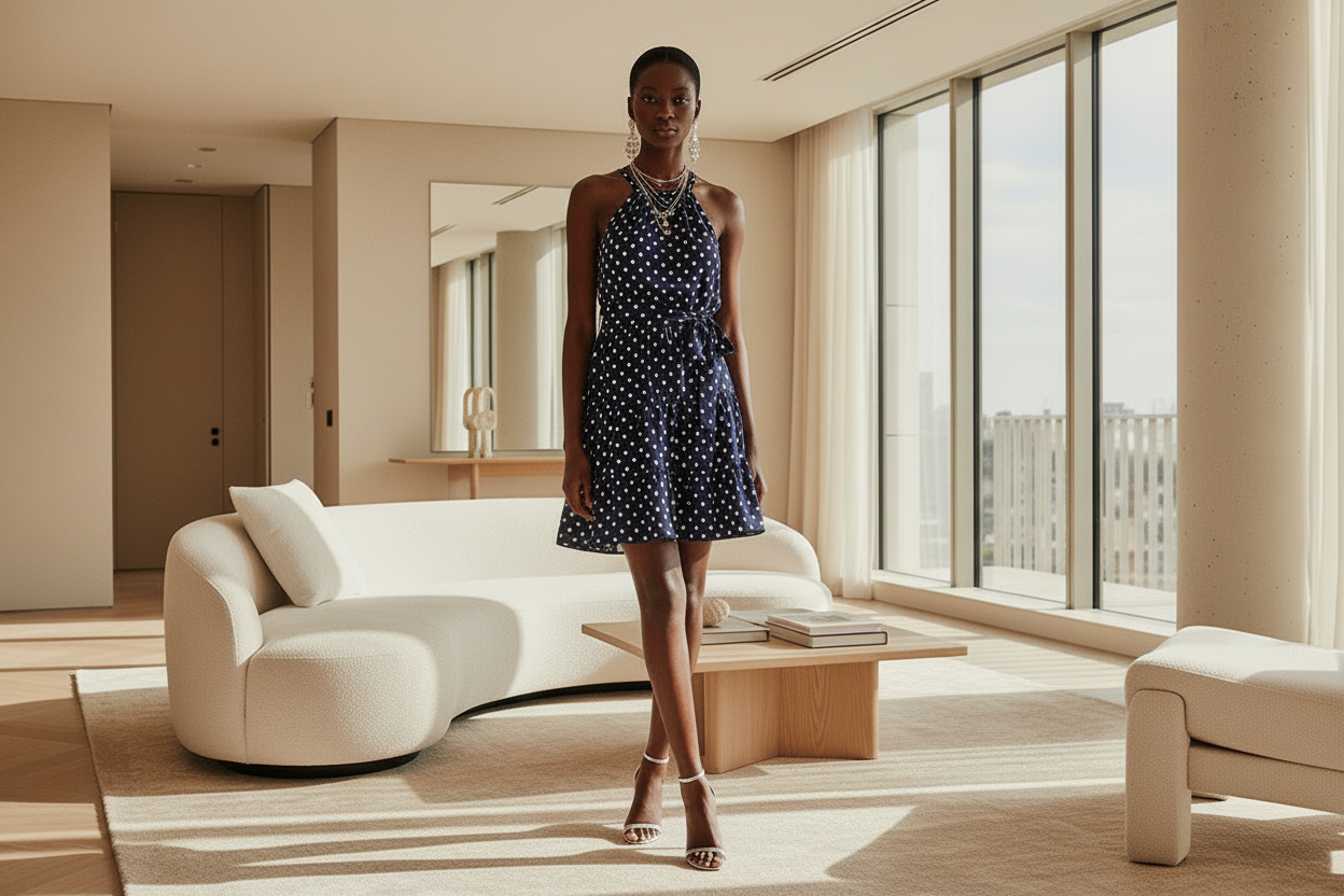 Halter Neck Dot Ruffle Dress - ADAEZE'S BOUTIQUEApparel & AccessoriesAdaeze's BoutiqueSC204216-194593724Halter Neck Dot Ruffle DressHalter Neck Dot Ruffle DressNavy Bluesmall